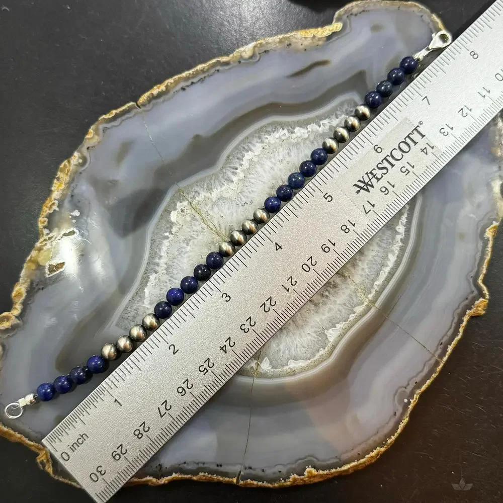 Native American Sterling 5 mm Navajo Pearl & Lapis Bead Link Bracelet For Women